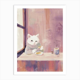 White Cat Having Breakfast Folk Illustration 4 Art Print