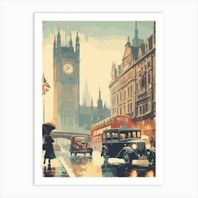 London on a rainy day vintage travel poster wall art Art Print