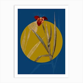 Vintage Botanical Tiger Flower on Circle Yellow on Blue Art Print