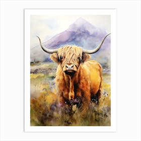 Curious Highland Cow In Field With Rolling Hills Watercolour 2 Art Print