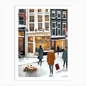 Amsterdam cafes, winter season, Christmas, autumn oil colors, pale colors, pedestrians in the street, winter clothes, falling snow.8 2 Art Print