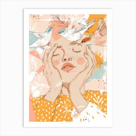 Girl With Birds On Her Head 2 Art Print