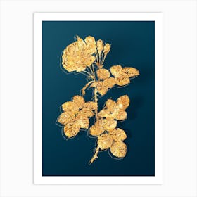 Vintage Damask Rose Botanical in Gold on Teal Blue n.0005 Art Print