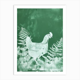 Green Ink Painting Of A Hen And Chicken Fern 2 Art Print