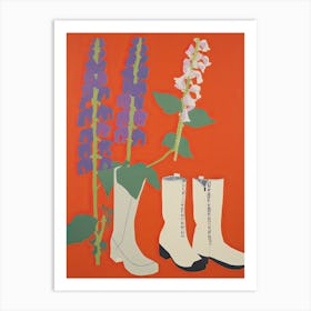 A Painting Of Cowboy Boots With Snapdragon Flowers, Pop Art Style 6 Art Print