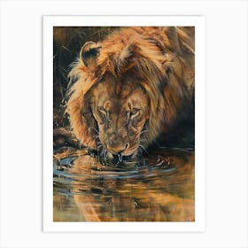 African Lion Drinking From A Watering Hole Acrylic Painting 1 Art Print
