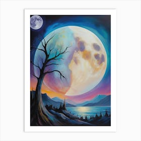 Colorful Full Moon Landscape Painting Art Print