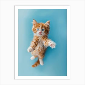 Cute Kitten Jumping On Blue Background Art Print