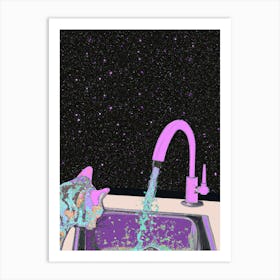 Space Cat In The Kitchen Sink Art Print