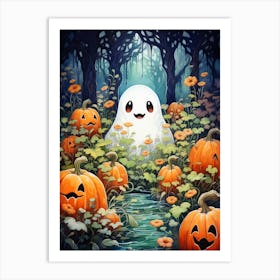 Cute Bedsheet Ghost, Botanical Halloween Watercolour 2 Art Print