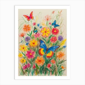 Colorful Flowers And Butterflies 1 Art Print