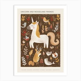 Unicorn In The Meadow With Abstract Woodland Animals 3 Poster Art Print