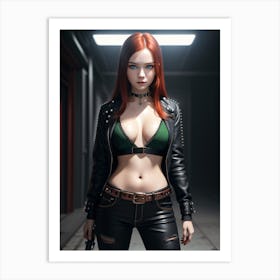 Red Haired Girl In Leather Art Print