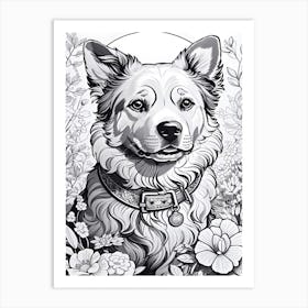 Cute Dog Surrounded With Flowers Art Print