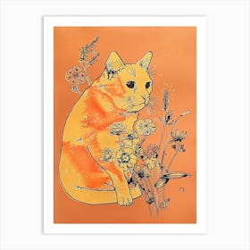 Cute Orange Cat With Flowers Illustration 3 Art Print