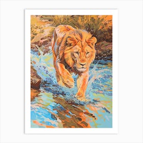 Southwest African Lion Crossing A River Fauvist Painting 3 Art Print