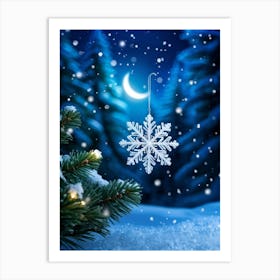 Closeup Of A Single Luminescent Snowflake Catch The Glimmer Of A Quarter Moon Resting On A Coniferou (6) Art Print