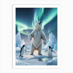 A Surreal Scene Of A Polar Bear And Penguins Art Print