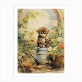 Monkey Painting Gardening Watercolour 2 Art Print