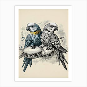 Misty Parrots On Drums Art Print