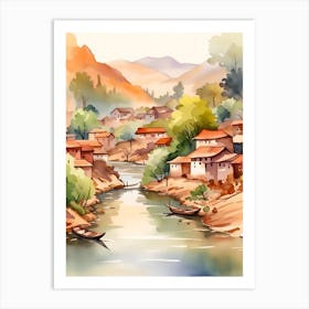 Watercolor Village Illustration Art Print