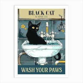 Black Cat Wash Your Paws Poster Bathroom Decoration Print Animal Picture Vintage Art Print