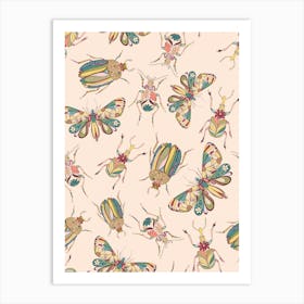 Floral Doodle Bug Butterfly pattern on Peach Fuzz Art Print