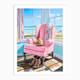 Pink Chair By The Ocean Art Print