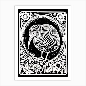 B&W Bird Linocut Kiwi 2 Art Print