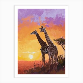 Two Giraffes At Sunset Purple 3 Art Print