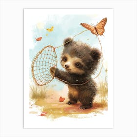 Sloth Bear Cub Playing With A Butterfly Net Storybook Illustration 3 Art Print