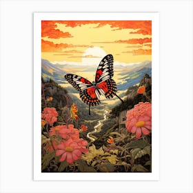 Butterfly With Mountaneous Landscape Japanese Style Painting 1 Art Print