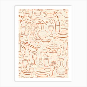 Hand-drawn dinner table with dishes wine bottles and candlelight in orange and beige Art Print