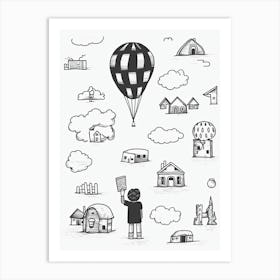 Hot Air Balloon Black And White Line Art Art Print