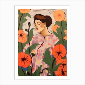 Woman With Autumnal Flowers Hollyhock 2 Art Print