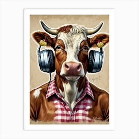 Cow With Headphones Art Print