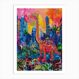 Pink Colourful Dinosaur Landscape Painting Art Print