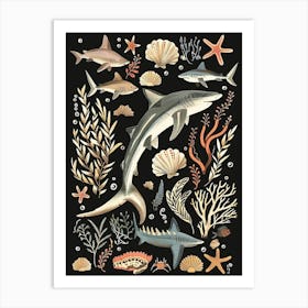 Thresher Shark Seascape Black Background Illustration 1 Art Print
