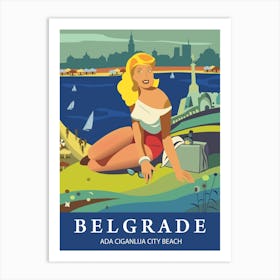Belgrade, Woman Posing in Front of the Ada Ciganlija Beach, Serbia Art Print