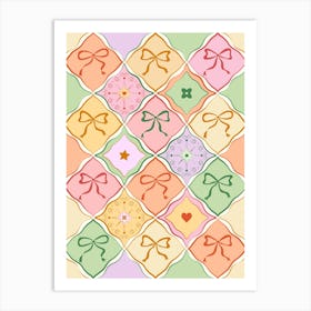 Colorful Coquette Patchwork Quilt with Bows Art Print