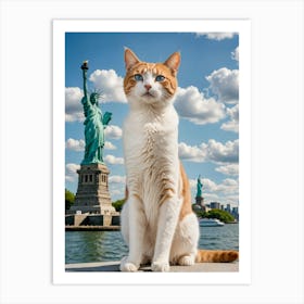 Feline Wanderer: Posing with World Landmarks Statue Of Liberty Cat Art Print