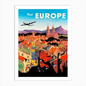 Airplane Over The City In Europe, Travel Poster Art Print