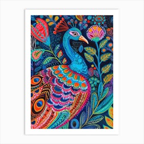 Folky Floral Peacock Portrait 1 Art Print