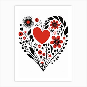 Folky Heart Linocut Style Black Red & White 2 Art Print