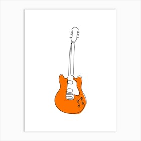 One Line Orange Electric Guitar Art Print