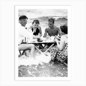 Tea Party in the Surf, Funny Vintage Black and White Old Photo Art Print