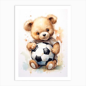 Football Soccer Ball Teddy Bear Painting Watercolour 1 Art Print