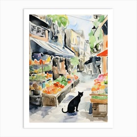 Food Market With Cats In Oslo 1 Watercolour Art Print