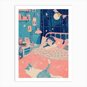 Girl Sleeping With Cats Tv Lo Fi Kawaii Illustration 4 Art Print