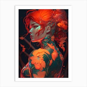 Girl With Red Hair and Flower Tattoos Art Print